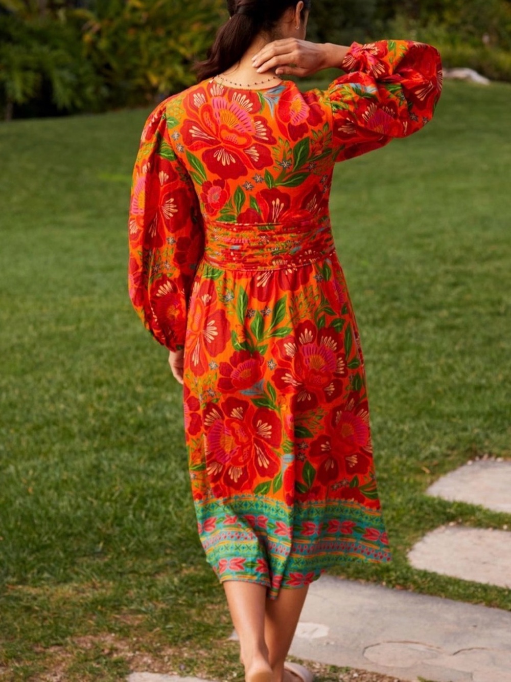 Farm Rio x Anthropologie Orange Floral V-Neck Midi Dress with Puff Sleeves - Picture 2 of 5